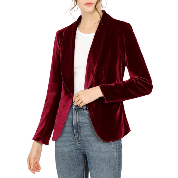 INSPIRE CHIC Blazer de Terciopelo para Mujer Color Sólido Cuello de Chal Una Botón Traje de Trabajo M Vino Rojo