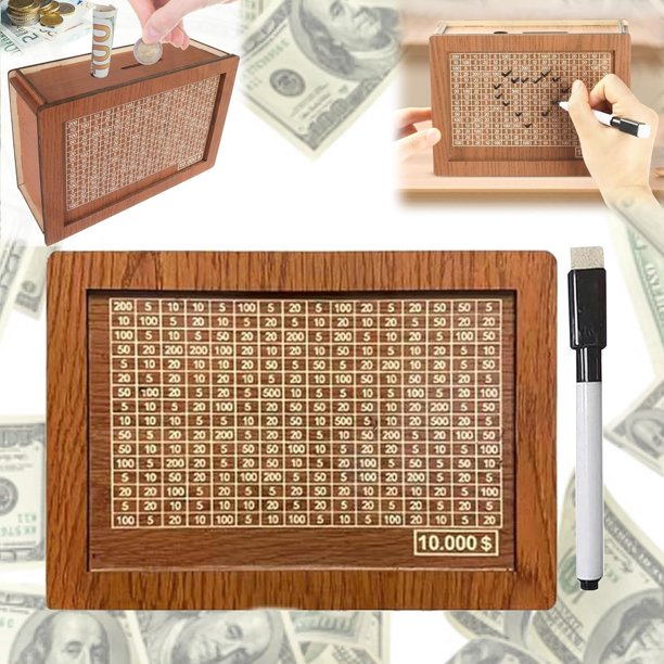 Caja de dinero de madera para ahorrar dinero con contador, objetivo de ahorro de 10.000 dólares