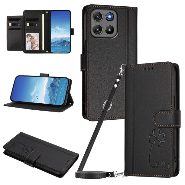 Funda Cartera Trébol para Motorola Moto G67 Power 5G con Ranuras Tarjetas y Carga Inalámbrica Negro
