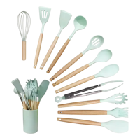 Set 12 Utensilios Belug Cocina Mango Silicona Y Madera Repostería Verde