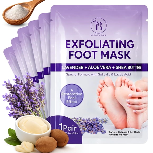 Mascarilla exfoliante para pies BLOOMORA - 6 pares - Cuidado de talones agrietados con lavanda