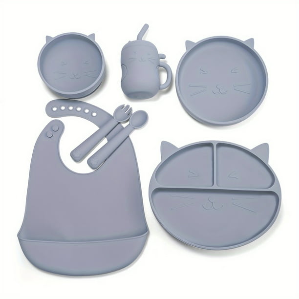1/7pcs Silicone Feeding Set, Baby Cat Design Silicone Tableware, Toddlers Led Weaning Supplies With Suction, Bowl Divided Plate Adjustable Bib, Soft Spoon Fork Water Cup, TYRY.HU Unbreakable Dishes