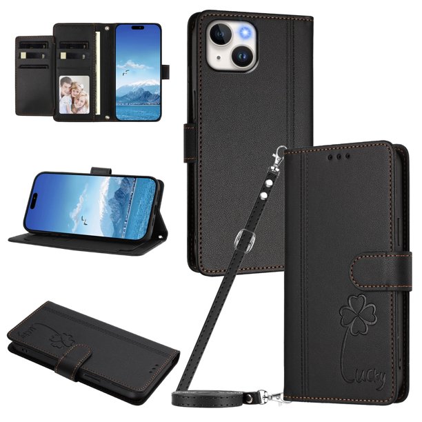 Funda Cartera Trébol para iPhone 13/iPhone 14 con Ranuras Tarjetas y Carga Inalámbrica Negro