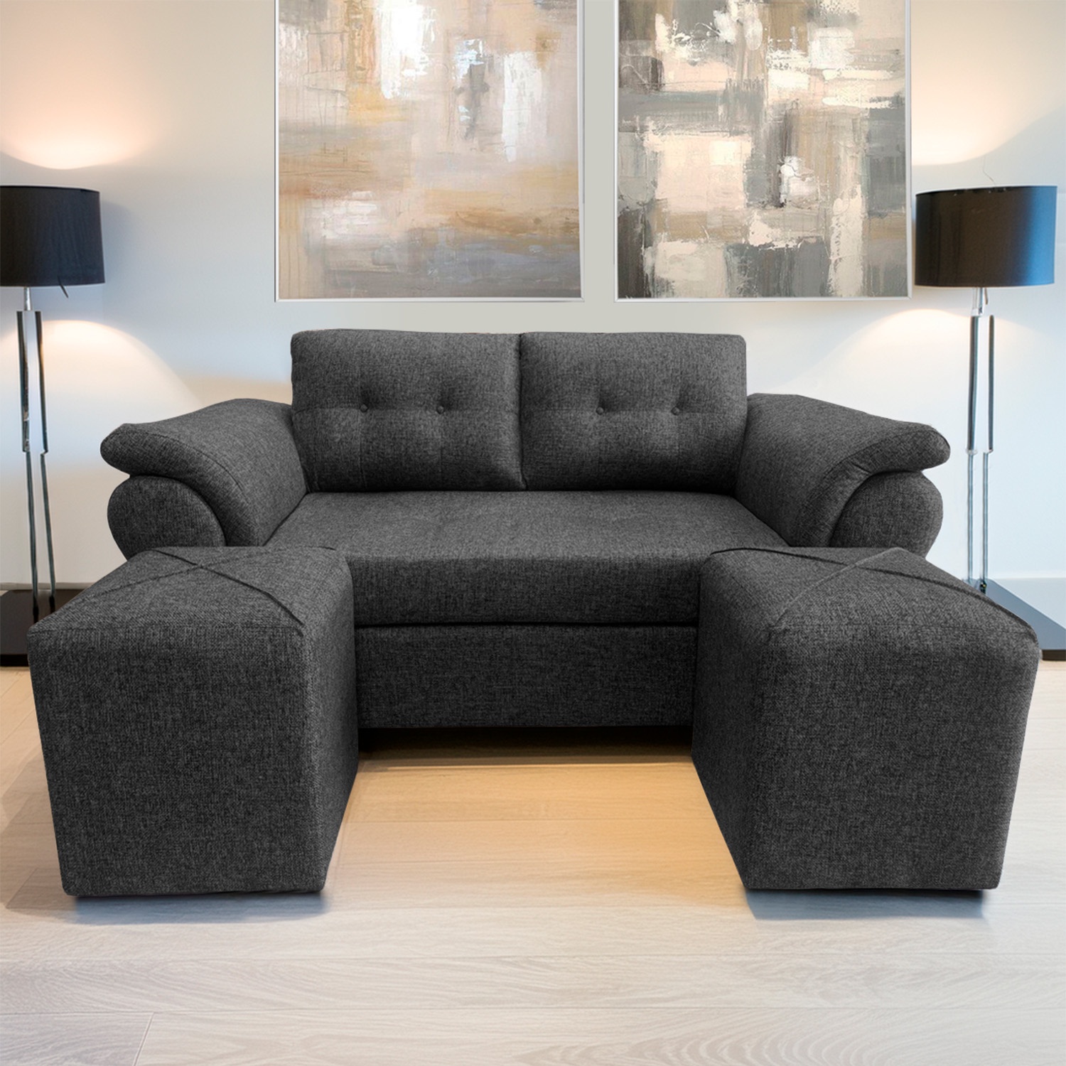 Focus - Sofá Venecia + 2 Puff Tela Grafito