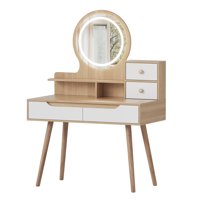 M&Ms - Makeup Vanity Desk With 3 Adjustable Lighted Mirror With Solid Wood Table Feet , Dressing Table Set With 4 Drawers And 3 Open Shelves For Small Space Bedroom