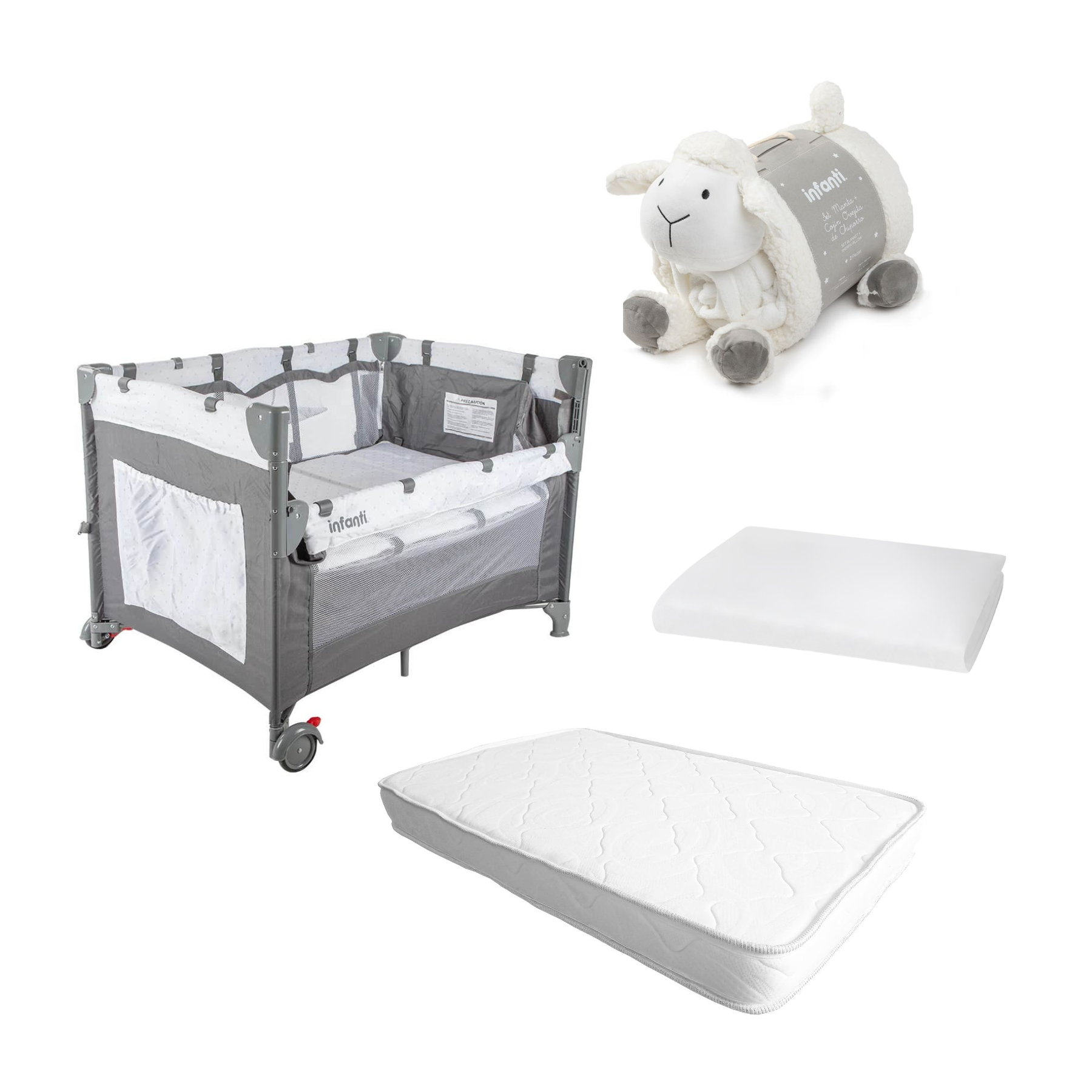 Infanti - Cuna Más Colchón Espuma -Protector Playard Always Together Marengo Mas Manta Oveja