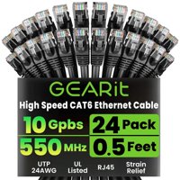 Cable Ethernet Gearit Cat 6 De 0,5 Pies, 24 Unidades, 10 Gbps, Rj45, Negro