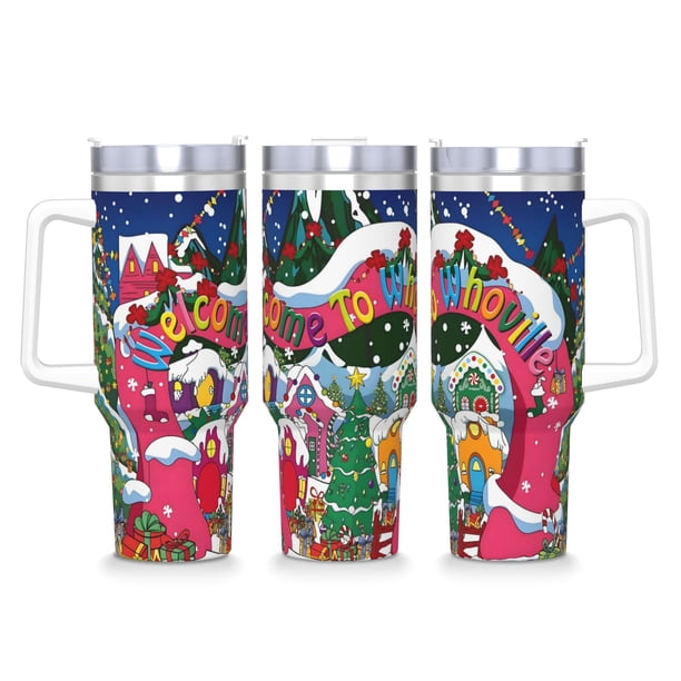 Navidad: Bienvenido a Villa Quién Vaso aislado de acero inoxidable con asa, diseño temático, regalo para familia, amigos y fans; incluye pajita y encaja en el portavasos estándar, 40 oz