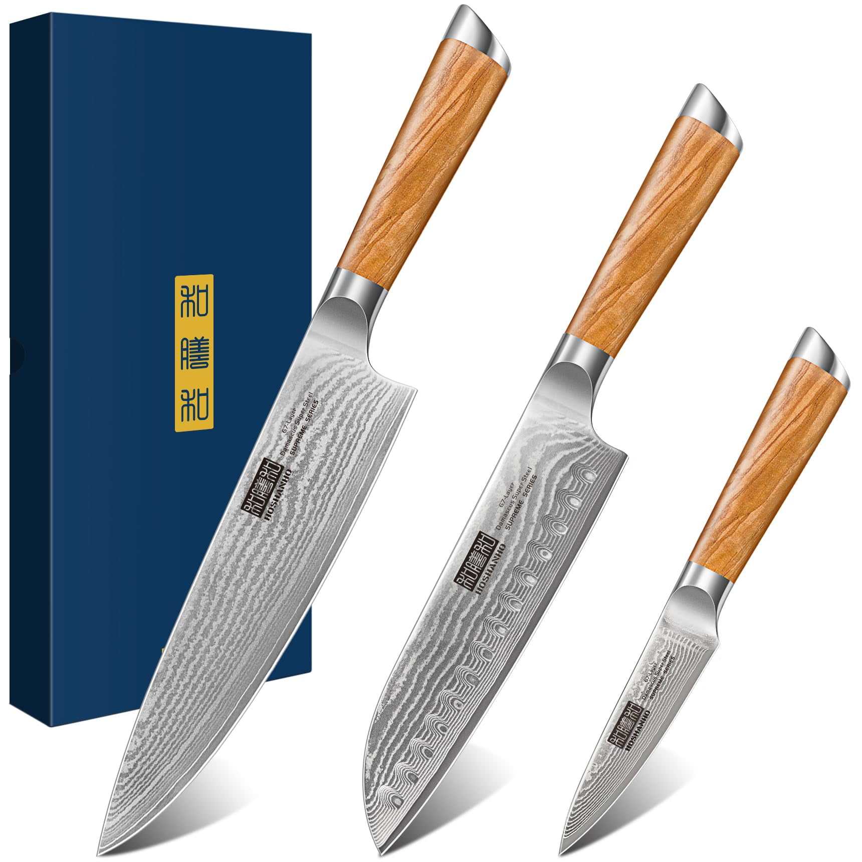 Juego De Cuchillos Hoshanho Damascus De 3 Piezas: Chef De 20 Cm, Santoku De 18 Cm