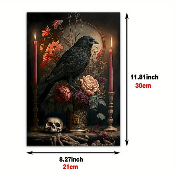 1pc Gothic Crow Raven Skull Flowers & Candles Canvas Wall Art for Home Decor - Abstract Art Painting with Vibrant Colors - Perfect for Bathroom, Bedroom, Office, and Living Room - No Frame Needed