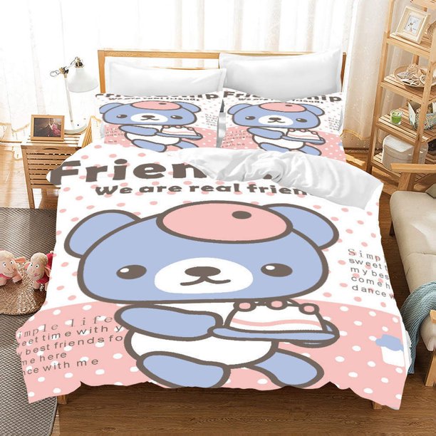 Gray Pink Bear Duvet Quilt Covers Pillow Case Bedding Sets3-Piece Bedding Set (1 Duvet Cover + 2 Pillow Shams)
