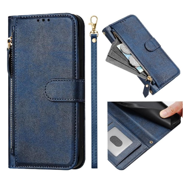 Funda tipo cartera para TCL 40 XL con bolsillo con cremallera, tarjetero, soporte, correa para la muñeca y tapa de cuero azul