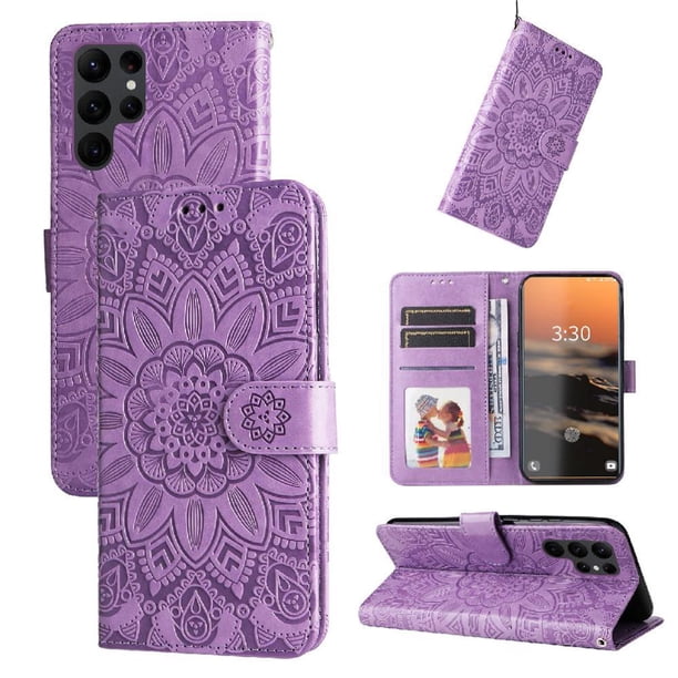 Funda tipo cartera FOXDOCK para Samsung Galaxy S23 Ultra , diseño girasol en relieve, cuero PU, cierre magnético, soporte y tarjetero