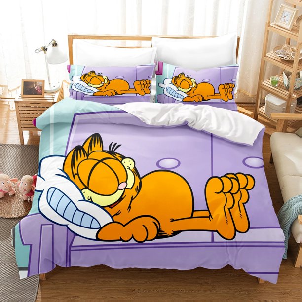 x766 Bed SheetsCartoon Garfield Bedding Set, Polyester Digital Printing Set, Size Comforter, Children's Gift, Home Textile 3-Piece Bedding Set (1 Duvet Cover + 2 Pillow Shams) nj766