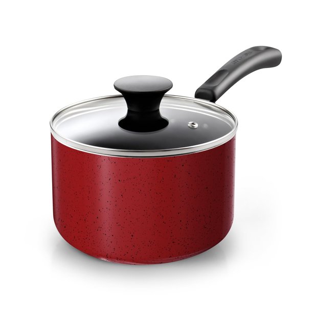 Cook N Home Basic Cacerola Antiadherente de 1 Cuarto con Tapa de Vidrio, Pequeña Cacerola de Aluminio, Olla Multiusos para Leche y Chocolate con Asa Fría, Rojo Mármol