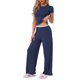 thumbnail image 4 of INSPIRE CHIC Conjuntos de Pijama para Mujer, Top de Manga Corta de Punto, Pantalones Largos Anchos con Volantes, Chándal de 2 Piezas, Conjuntos de Pijamas para Estar en Casa, Talla M, Azul Marino, 4 of 6