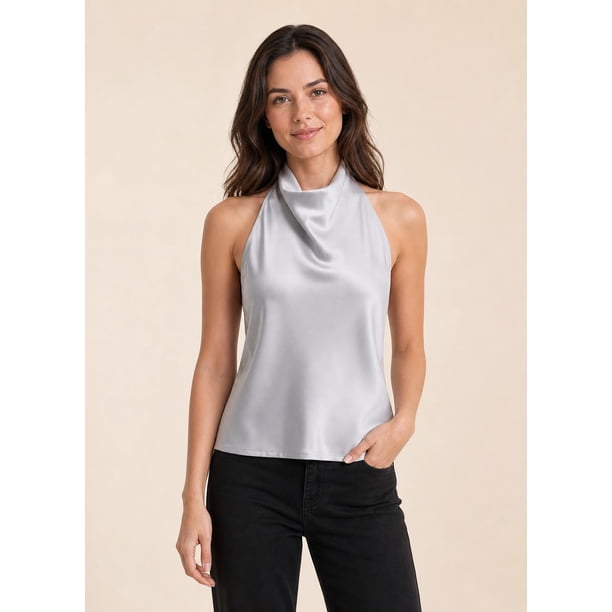 Blusa Top Halter De Satín Espalda Descubierta Elegante Mujer gris Talla Única
