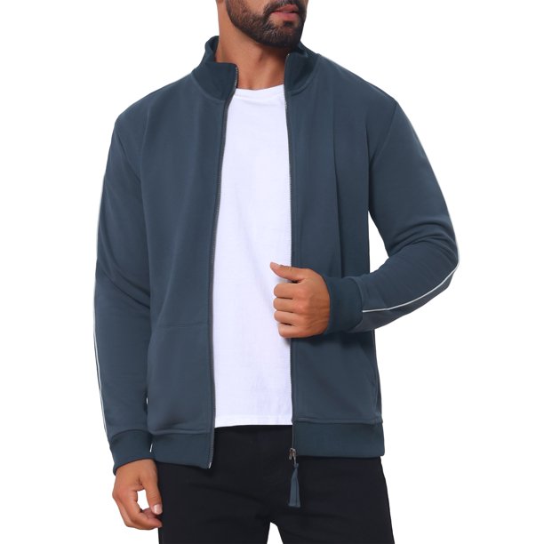 Sudadera deportiva de gimnasio para hombre con cremallera, cuello alto, manga larga, color sólido, talla S, azul marino