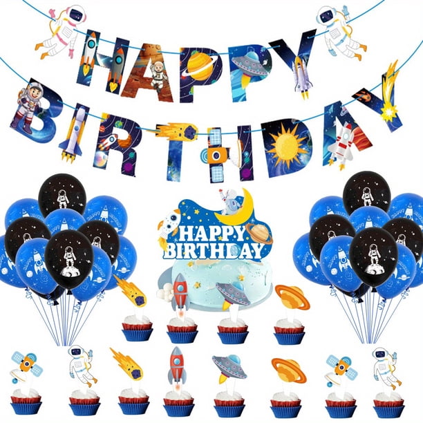 Set, Astronaut Birthday Theme Party Kit, Astronaut Flag Theme Birthday Party Cake Flag Balloon Supplies, Pull Flag, 20 Balloons, 13 Cake Forks (12 Small And 1 Large), 1 Flat 10m/393.7in Ribbon, Party