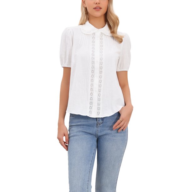 INSPIRE CHIC Blusa de Algodón de Manga Corta para Mujer con Cuello Peter Pan y Panel de Crochet con Botones XS Blanco