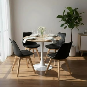 Pandalino - Comedor Mesa Tulip 100 Cm (Cubierta Efecto Madera) + 4 Sillas Tulip Negro