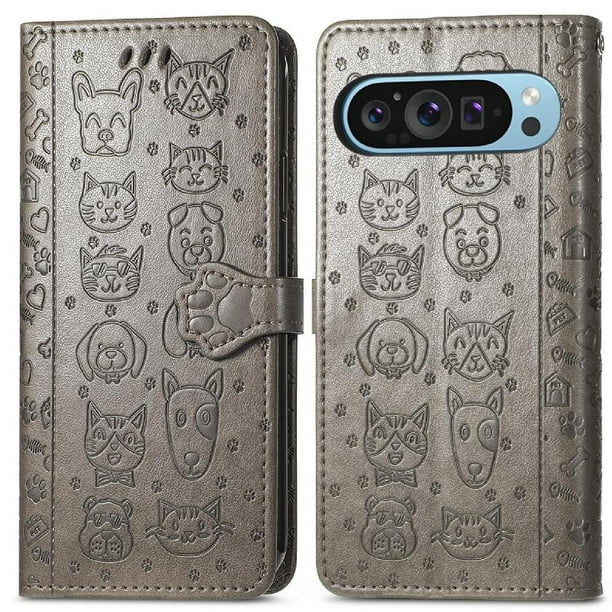 Funda Cartera FOXDOCK para Google Pixel 9 Pro XL , Flip PU con Relieve de Gatos y Perros, Tarjetero y Soporte