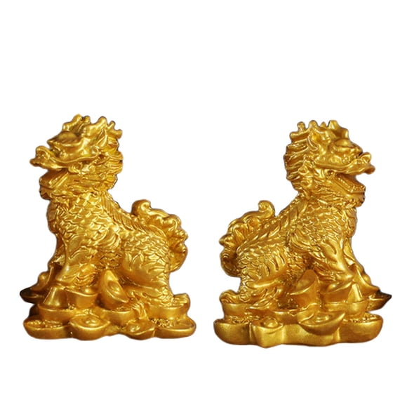 1 Par De Cobre Chino Fengshui Kylin Chi-lin Qilin Dios Bestia Estatua Para El Hogar Oro 5,5x7 Cm