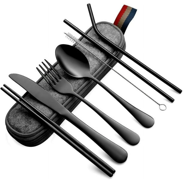 Utensilios portátiles, juego de cubiertos para viajes y camping, 8 piezas que incluye cuchillo, tenedor, cuchara, palillos, cepillo de limpieza y pajitas, estuche portátil, juego de cubiertos de acero