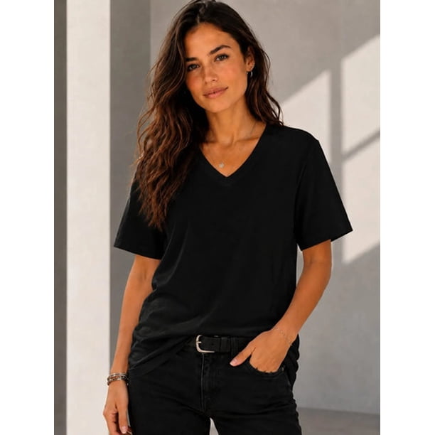 Polera Cuello V 100% Algodon Manga Corta Basicas Estampar Negro M-l Lisa