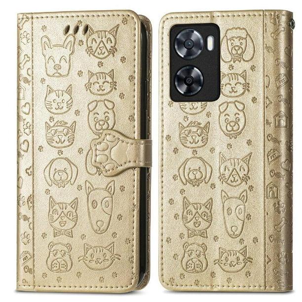 Funda Cartera FOXDOCK para OPPO A57 4G , Flip PU con Relieve de Gatos y Perros, Tarjetero y Soporte