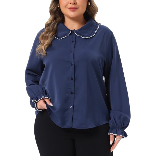 Agnes Orinda Camisas de Ropa de Halloween para Mujeres de Talla Grande Blusas de Chifón con Cuello Peter Pan y Mangas Largas 2X Azul Oscuro