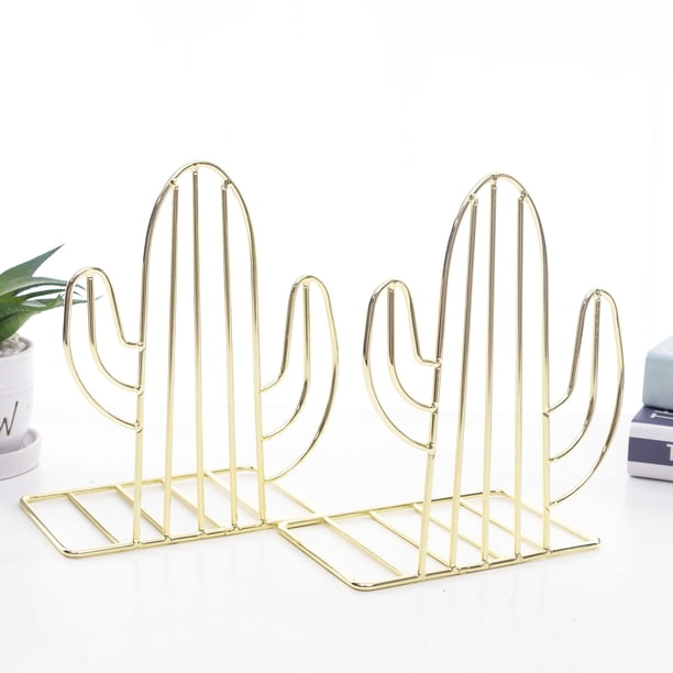 Geometric Metal Iron Cactus Bookends - Heavy Duty Nonskid Book Stand Organizer for Shelves & Binders