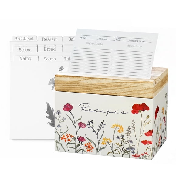 Caja de recetas SENSORY4U de madera con diseño de flores silvestres, con tarjetas y separadores