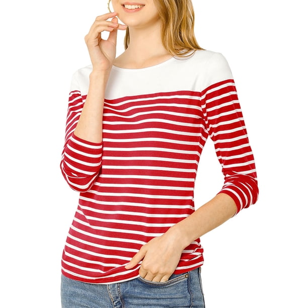 INSPIRE CHIC Blusa de Mujer para Regreso a Clases con Bloque de Color a Rayas de Manga Larga Camiseta Casual M Rojo-Blanco