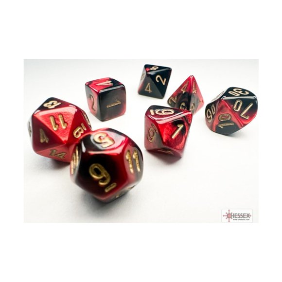 Dice Chessex Gemini Mini negro/rojo con números dorados de 10 mm, juego de 7