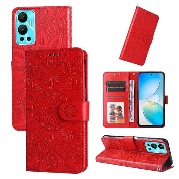 Funda tipo cartera FOXDOCK para Infinix Hot 12 , diseño girasol en relieve, cuero PU, cierre magnético, soporte y tarjetero