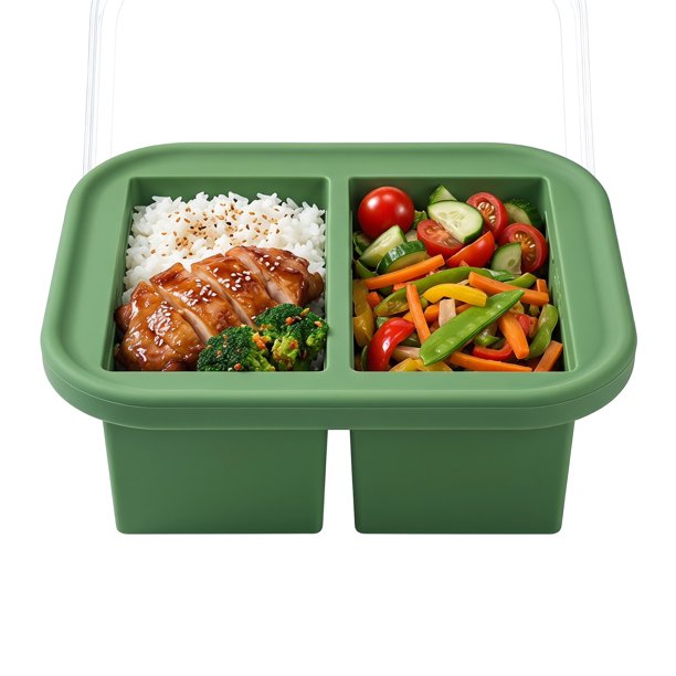 REGALWOVEN Caja Bento para Adultos, Contenedor de Preparación de Comidas a Prueba de Fugas de Silicona de 500ml para Trabajo y Viajes Verde-1