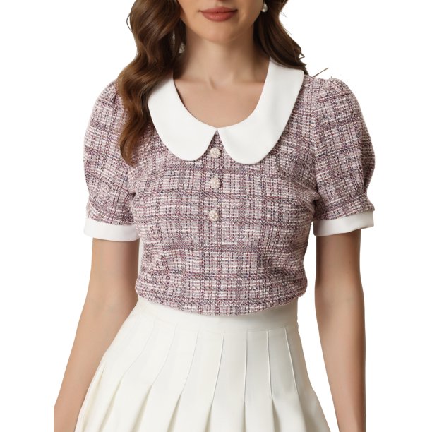 INSPIRE CHIC Blusa de Halloween con Cuello Peter Pan para Mujer, Decoración de Botones, Camisa Vintage de Tweed XL Rosa Gris