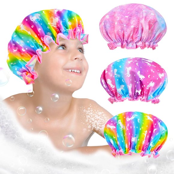 Gorro de baño reutilizable OlyPegic para niñas con unicornio, 3 piezas