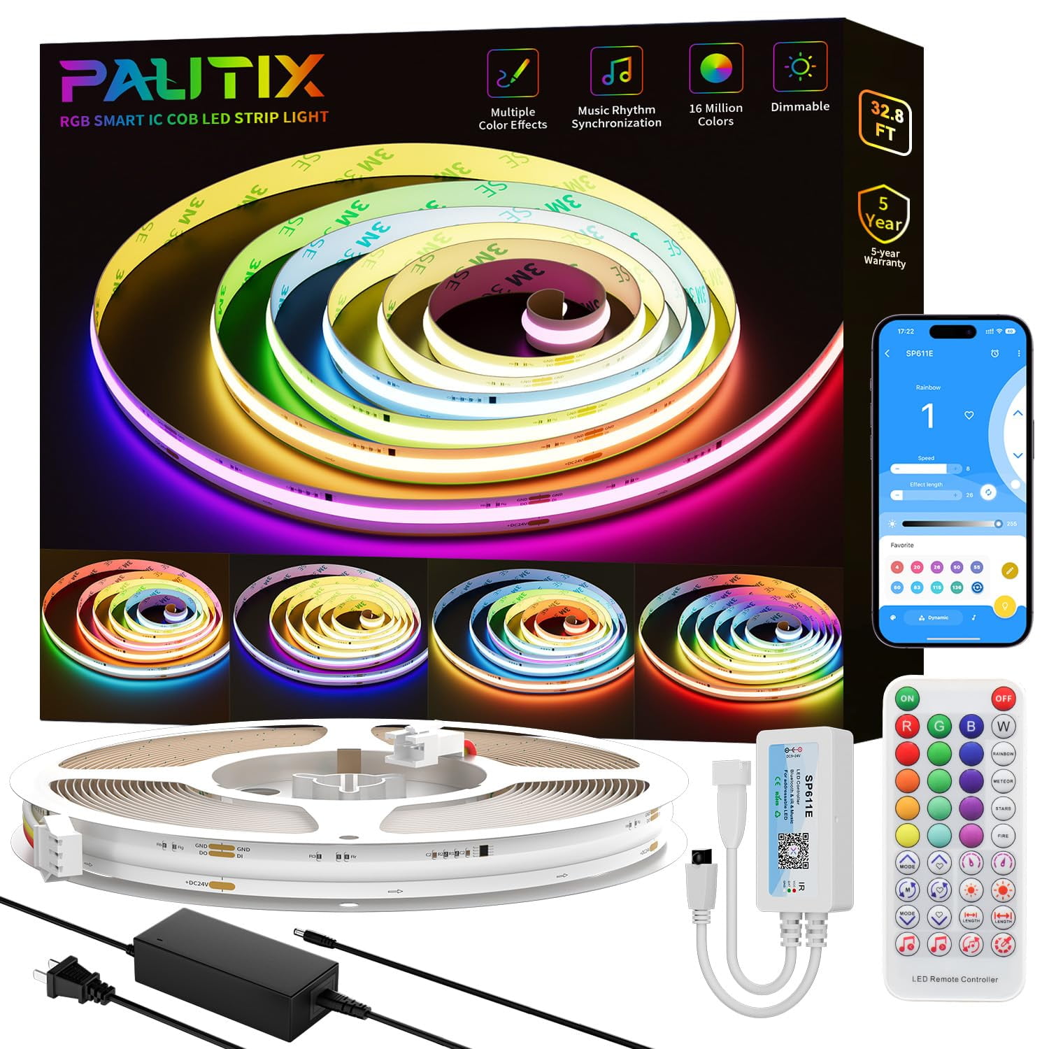 Tira De Luces Led Pautix Rgb Smart Ic Cob De 10 M Con Control App