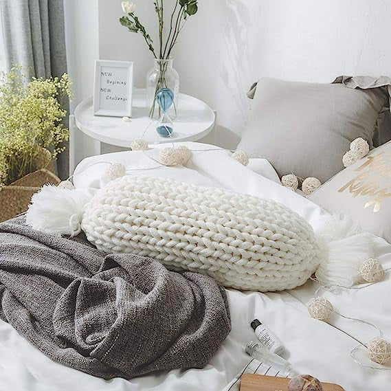 XmhyTop Juego de 1 fundas de almohada bohemias, 50*30cm, tejidas a mano con textura, decorativas para sofá, recámara, sala, Contiene relleno, Estilo C, Blanco