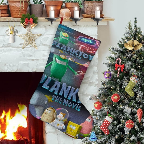 Plankton La Película Tema: Calcetines de Navidad, fino lino blanco para colgar en escaleras y chimenea, decoración navideña para el hogar, regalo de Navidad. 45cm × 32cm