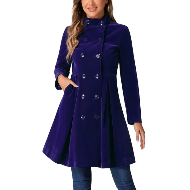 INSPIRE CHIC Abrigo de Mujer de Terciopelo Línea A Doble Botonadura Cuello Mao Abrigo de Invierno de Longitud Media Talla M Azul Oscuro