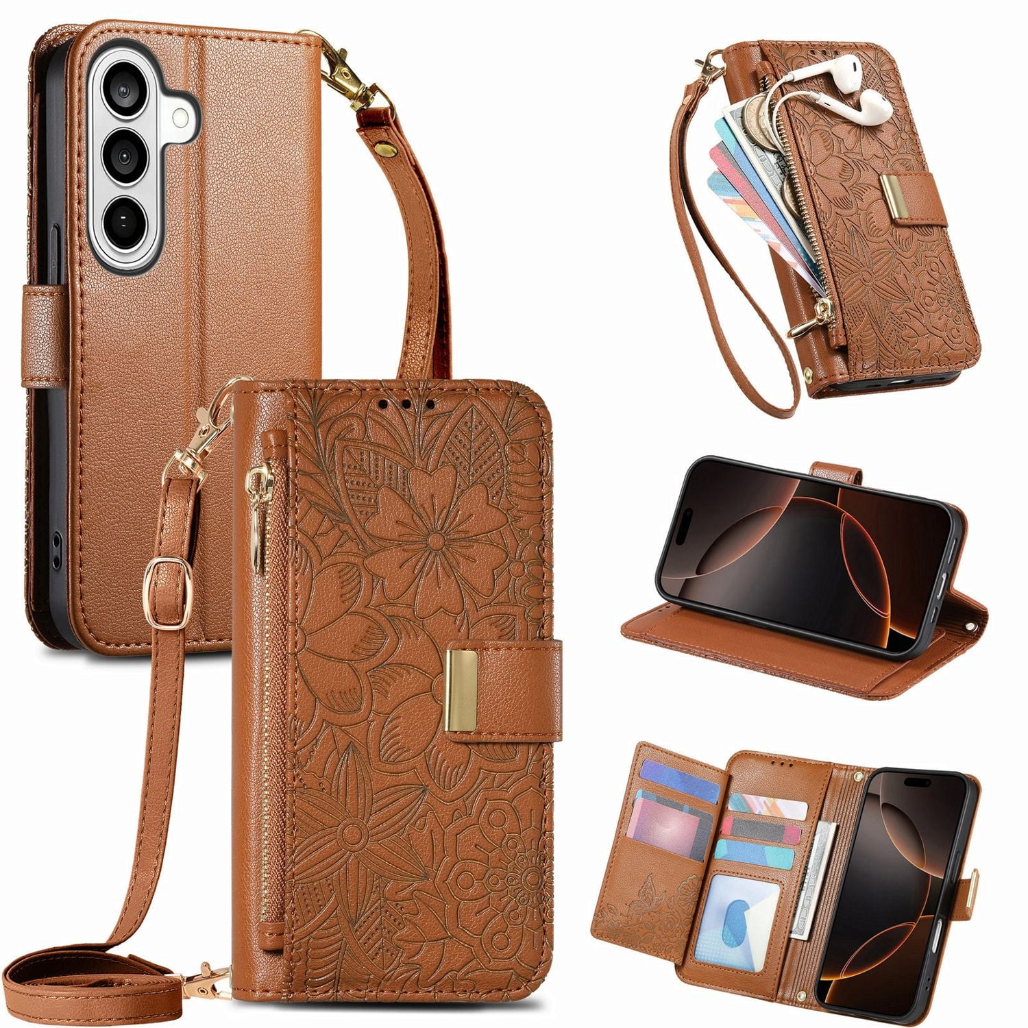 Funda Tipo Cartera De Piel Sintética Foxdock Para Samsung Galaxy S26 – Resistente A Golpes Y A Las Interferencias Rfid – Correa De Mano Larga Marrón