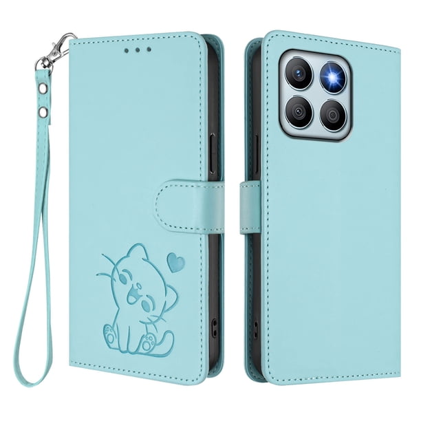 Honor X8B 4G Funda Billetera con Estampado de Gato, Verde Claro
