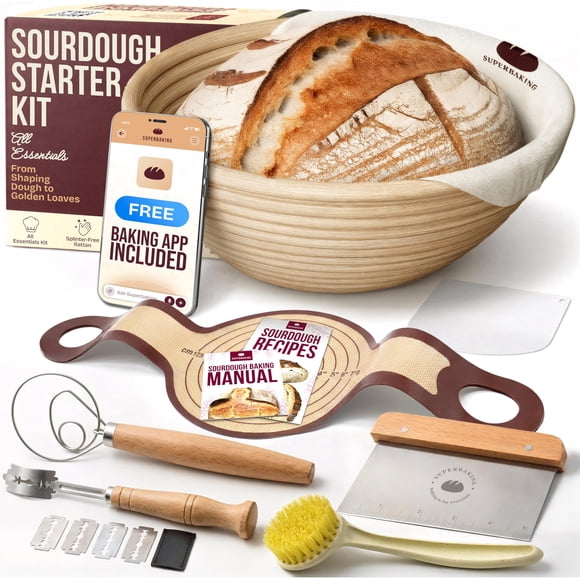 Kit de inicio de masa madre Superbaking con juego de 9 bannetones redondos