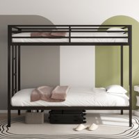 M&Ms - Adam Sturdy Twin Over Twin Bunk Bed Metal Black For Kids And Adult, Twin Over Twin Bunk Bed With Ladder And Guardrails, Easy Climbing, Beds For Bedroom