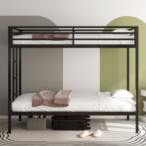 M&Ms - Adam Sturdy Twin Over Twin Bunk Bed Metal Black For Kids And Adult, Twin Over Twin Bunk Bed With Ladder And Guardrails, Easy Climbing, Beds For Bedroom