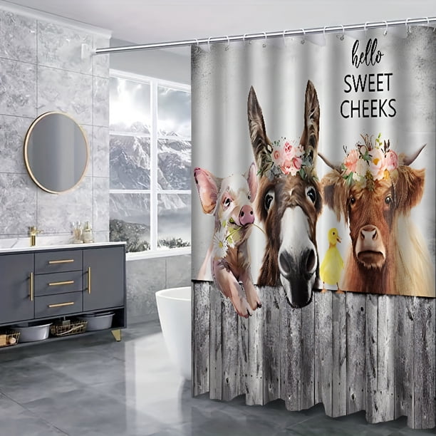 1pc Farmhouse Animal Pattern Shower Curtain, Waterproof Shower Curtain With 12 Hooks, Non-Slip Bathroom Rug, Toilet U-Shape Mat, Toilet Lid Cover Pad, Bathroom Decor