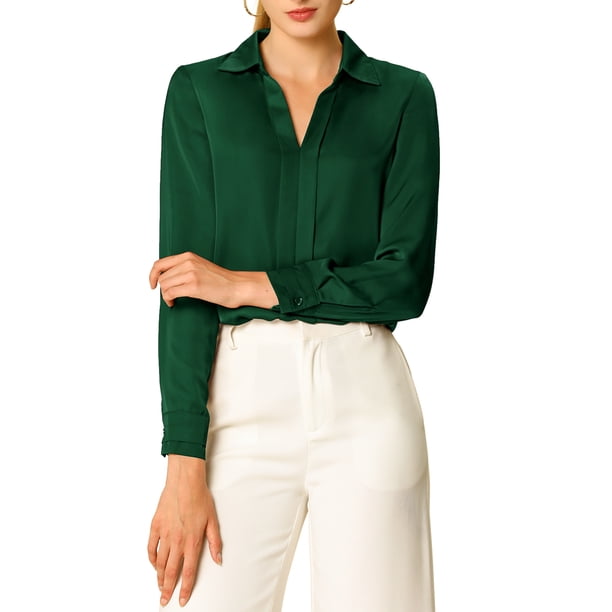 INSPIRE CHIC Camisas Elegantes para Mujer Cuello de Punta Manga Larga Blusa de Satén Suave Regreso a Clases Conjunto para Maestras Verde Oscuro XS